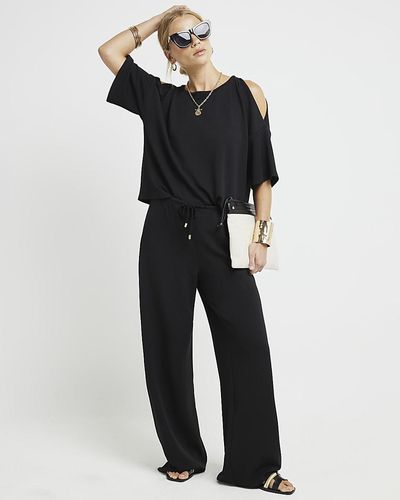 River Island Black Textured Wide Leg Trousers