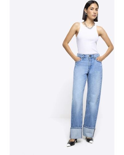 River Island High Waisted Wide Leg Turn Up Jeans - Blue