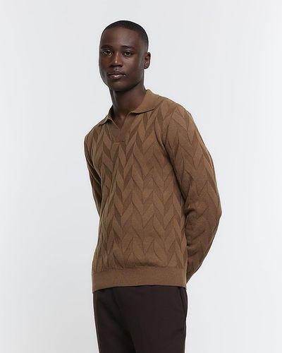 River Island Brown Slim Fit Textured Knit Long Sleeve Polo