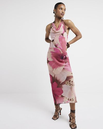 River Island Halter Floral Print Bodycon Midi Dress - Pink
