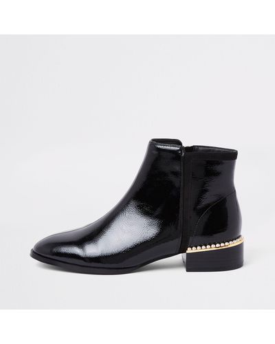 River Island Black Patent Leather Pearl Trim Ankle Boots