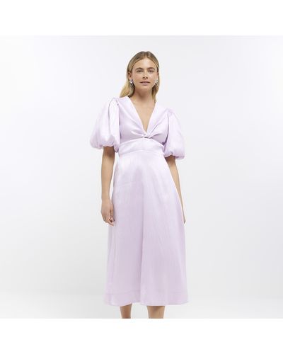 River Island Purple Puff Sleeve Twist Front Midi Dress - White