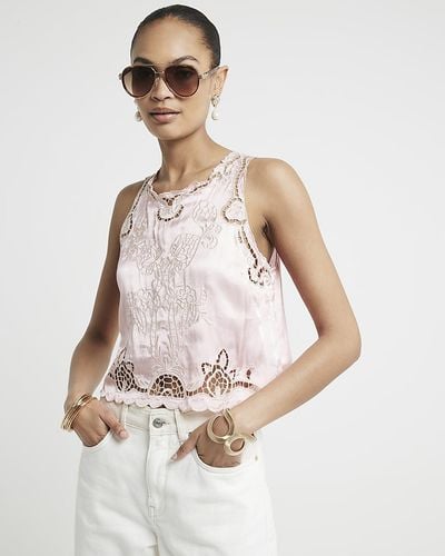 River Island Pink Embroidered Cut Out Tank Top
