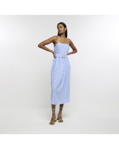 River Island Spotted Belted Swing Midi Dress - Blue
