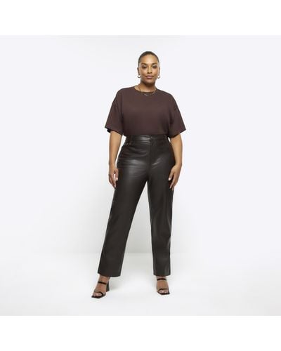 River Island Plus Brown Faux Leather Straight Pants