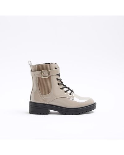River Island Beige Wide Fit Patent Buckle Boots - Natural