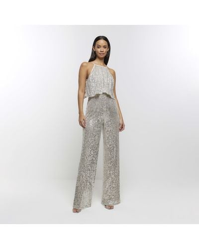 River Island Sequin Layered Jumpsuit - White