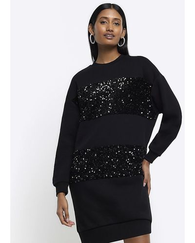 River Island Sequin Sweatshirt Mini Dress - Black