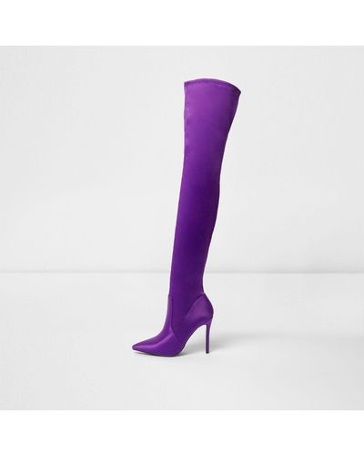 River Island Satin Over The Knee Boots - Purple