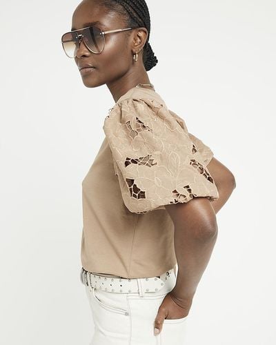 River Island Beige Floral Puff Sleeve Top - Natural
