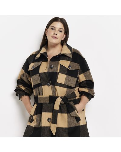 River Island Plus Brown Check Belted Shacket