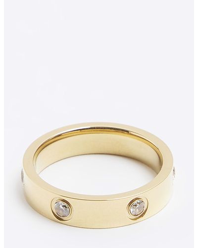 River Island Gold Stainless Steel Diamante Ring - White