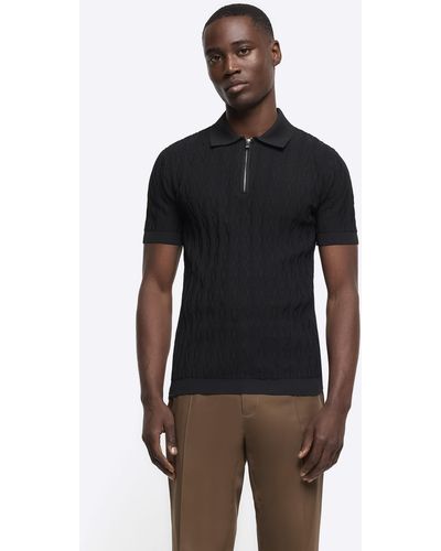 River Island Black Muscle Fit Cable Knit Half Zip Polo