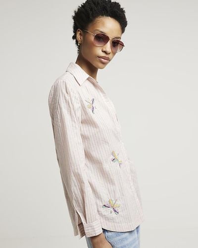 River Island Pink Stripe Embroidered Shirt - Natural