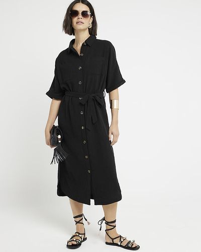 River Island Textured Belted Midi Shirt Dress - Black
