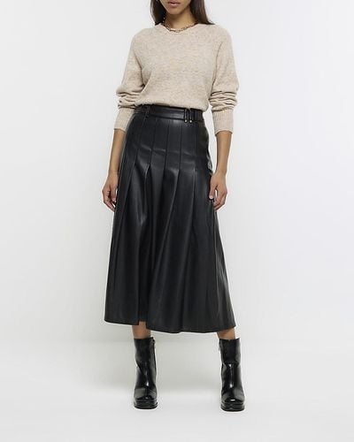 River Island Black Faux Leather Pleated Midi Skirt