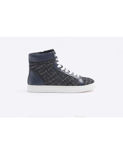 River Island Navy Boucle High Top Trainers - Blue