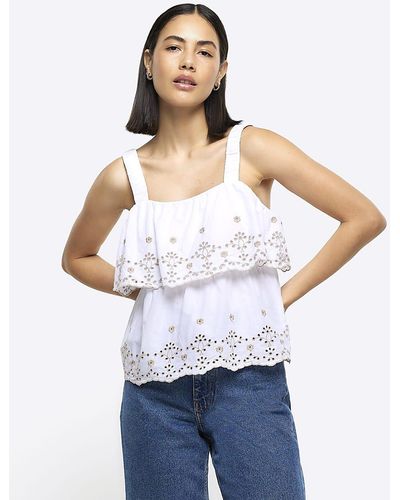 River Island Broderie Cami Top - White