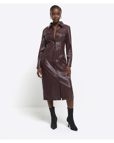 River Island Red Faux Leather Midi Shirt Dress - Brown