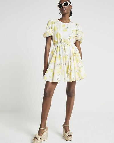 River Island Yellow Floral Puff Sleeve Swing Mini Dress - Natural