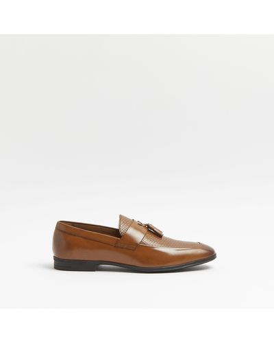 River Island Brown Leather Tassel Detail Embossed Loafers