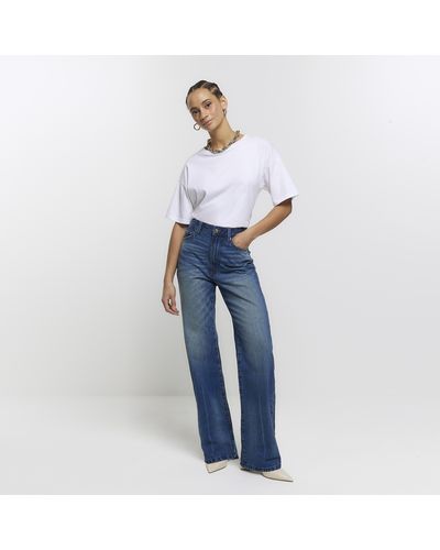 River Island High Waisted Relaxed Straight Fade Jeans - Blue