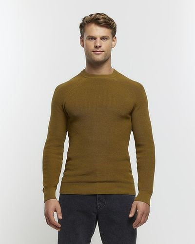 River Island Brown Muscle Fit Rib Sweater - Green