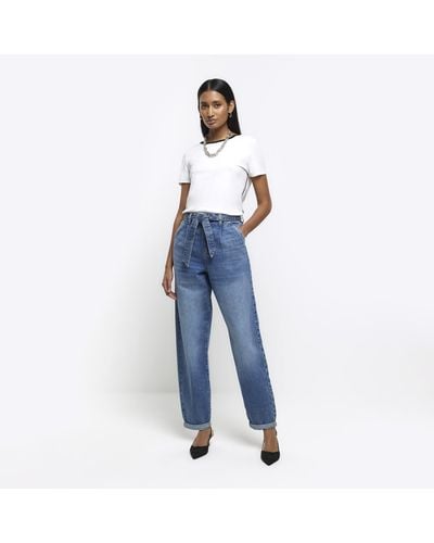 River Island Blue High Waisted Belted Barrell Jeans