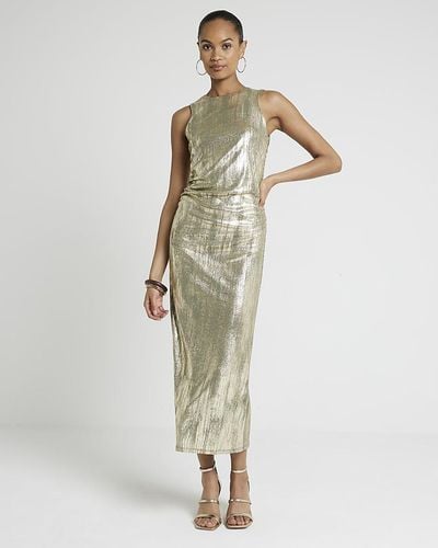 River Island Gold Foil Bodycon Midi Dress - Green