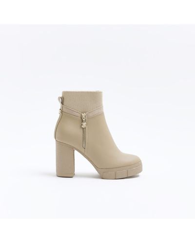 River Island Cream Side Zip Heeled Ankle Boots - White