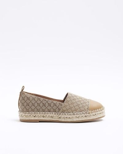 River Island Brown Wide Fit Monogram Espadrille Shoes - Natural