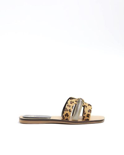 River Island Leather Leopard Print Flat Sandals - Metallic