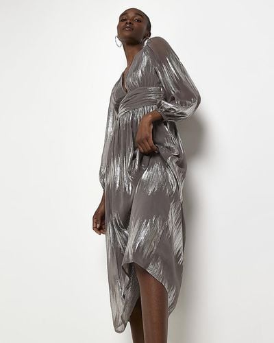 River Island Silver Stripe Long Sleeve Midi Dress - Metallic