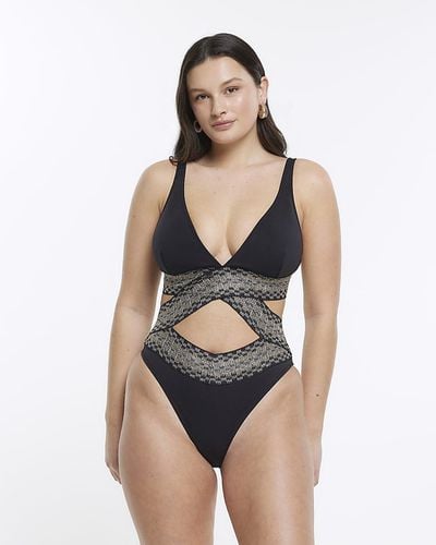 River Island Cut Out Plunge Swimsuit - Blue