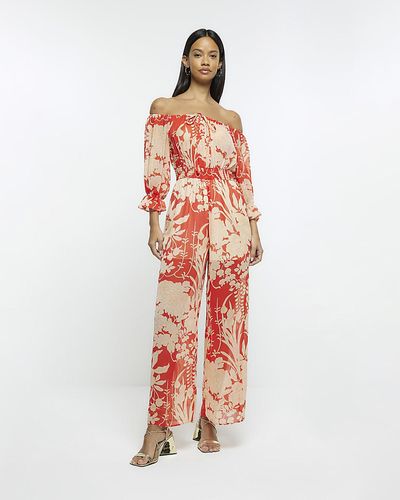 River Island Red Printed Bardot Jumpsuit - White