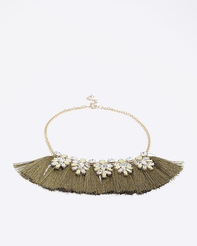 River Island Khaki Embellished Tassel Necklace - Metallic