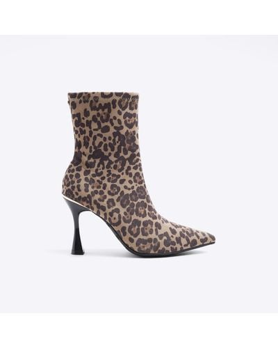 River Island Brown Wide Fit Leopard Print Heeled Boots - White