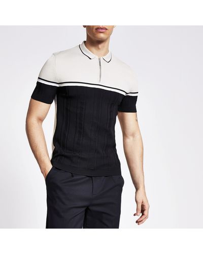 River Island Black Blocked Muscle Fit Knitted Polo Shirt