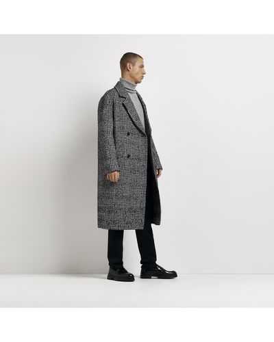 River Island Regular Fit Check Wool Blend Overcoat - Grey
