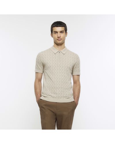 River Island Beige Slim Fit Knitted Stitch Polo Shirt - Natural