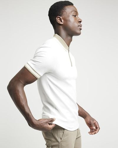 River Island White Slim Fit Textured Taped Polo - Natural