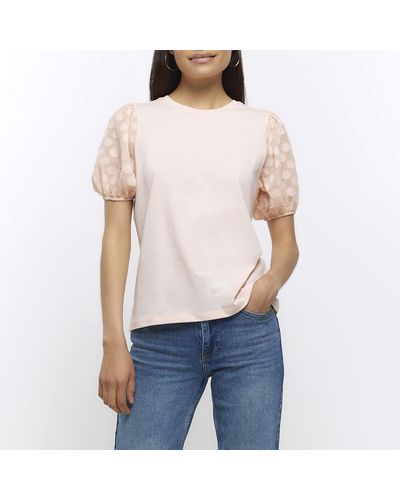 River Island Coral Woven Sleeve T-shirt - White