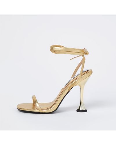 River Island Gold Strappy Flared Heel Sandals - Yellow