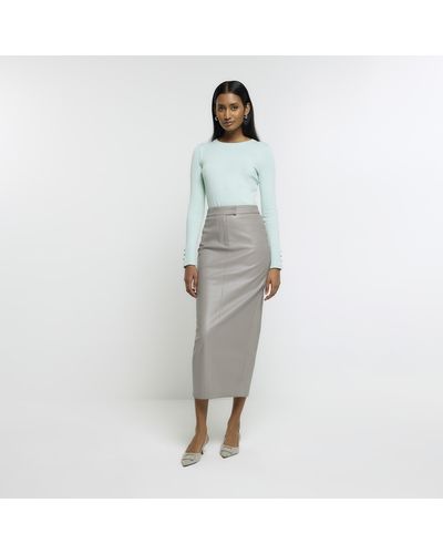 River Island Grey Faux Leather Tailored Midi Skirt