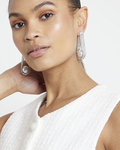 River Island Silver Colour Stone Hoop Earrings - Natural