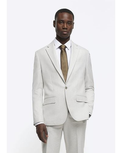 River Island Ecru Slim Fit Textured Suit Jacket - White