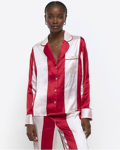 River Island Satin Stripe Pajama Shirt - Red