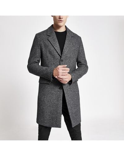 River Island Grey Single Breasted Wool Overcoat