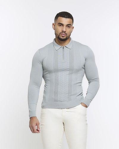 River Island Grey Muscle Texture Knit Long Sleeve Polo