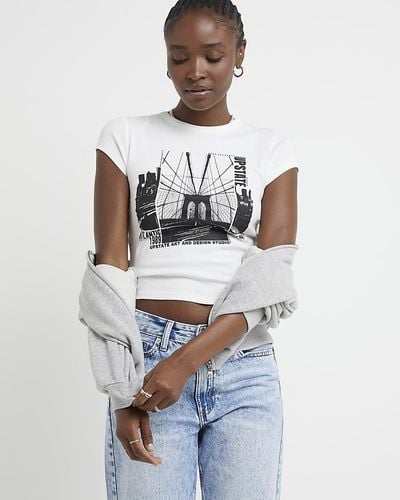 River Island White Graphic Embellished Crop T-shirt